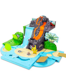 Pokemon Carry Case Volcano Playset with erupting volcano, whirlpool, and Pikachu figure.