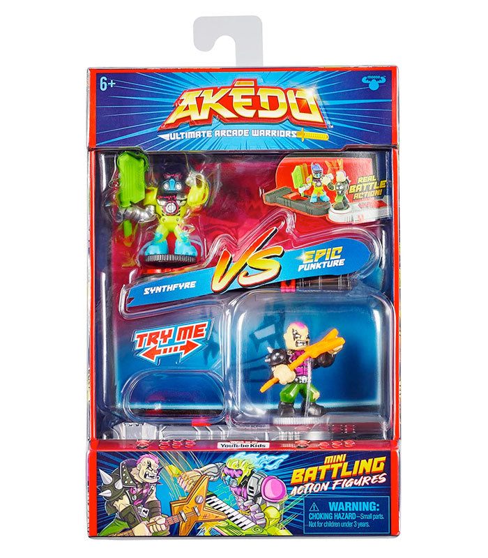 Akedo Ultimate Arcade Warriors Versus Pack - Synthfyre VS Epic Punkture action figures in packaging.