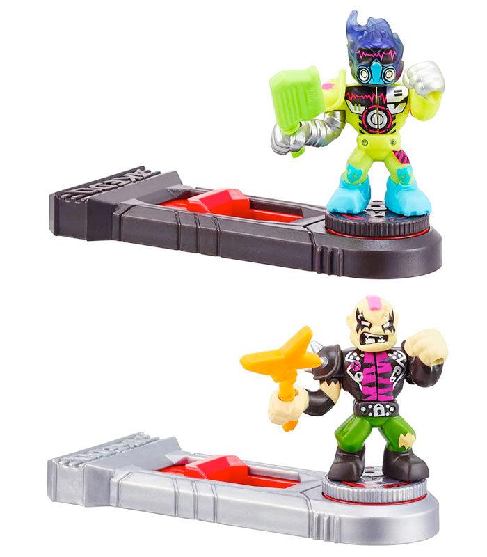 Akedo Ultimate Arcade Warriors Versus Pack - Synthfyre VS Epic Punkture action figures on battle stands.