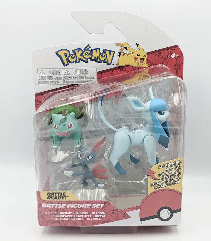 Pokemon Battle Figures set featuring Bulbasaur, Sneasel, and Glaceon packaged in a clear box.