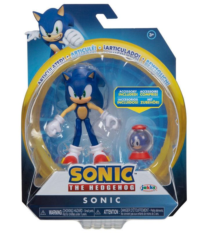 Hedgehog Sonic Figure with 1-Up Item Box in packaging featuring detailed, poseable design.