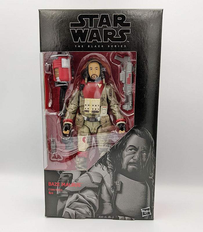 Star Wars The Black Series Baze Malbus action figure in display box with accessories.