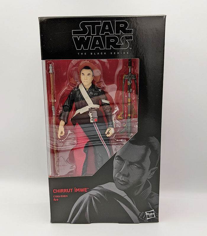 Star Wars The Black Series Chirrut Imwe 6 inch action figure in display box with accessories.