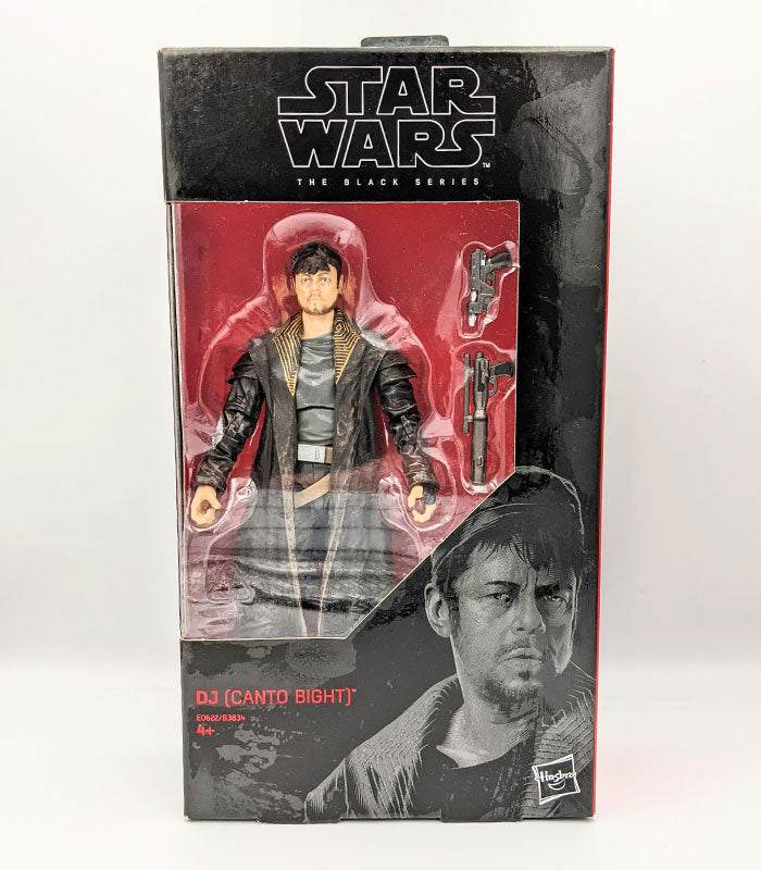 Star Wars The Black Series DJ (Canto Bight) action figure in display box with accessories.