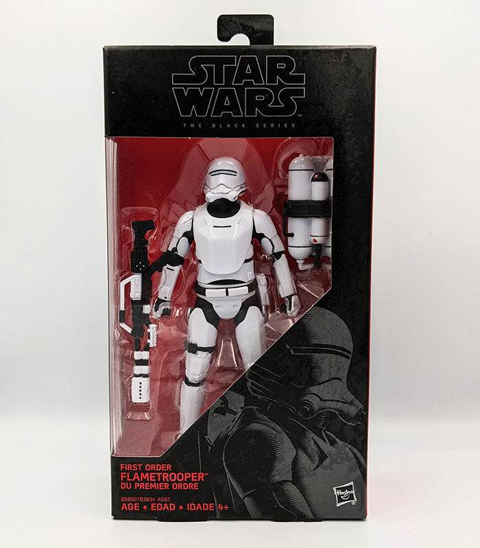 Star Wars The Black Series First Order Flametrooper action figure in display box.