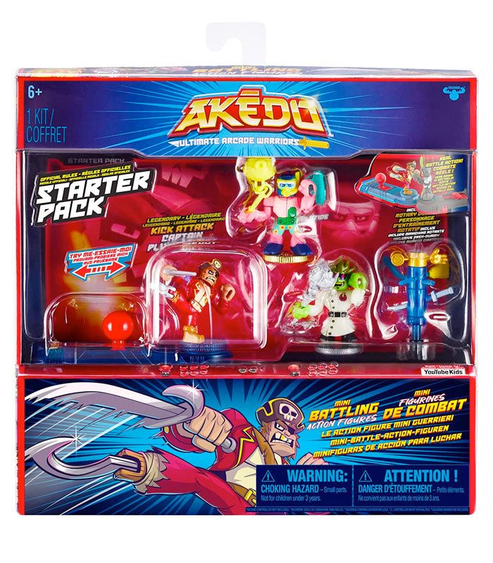 Akedo Ultimate Arcade Warriors Starter Pack with Captain Plunderfoot, Doc Shock, Wildtide, joystick controller, and training dummy.