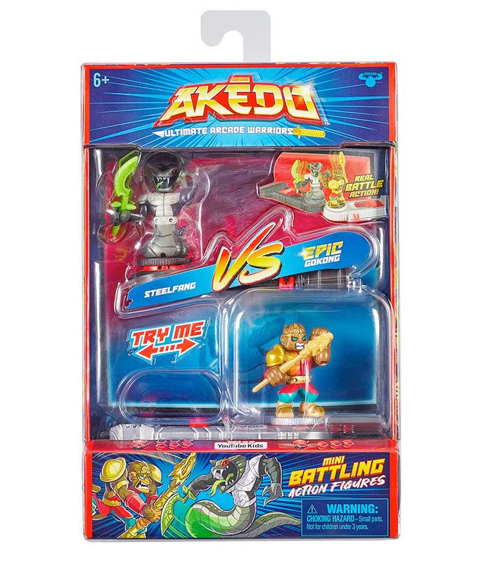 Akedo Ultimate Arcade Warriors Versus Pack - Steelfang VS Epic Gokong action figures for intense battles.