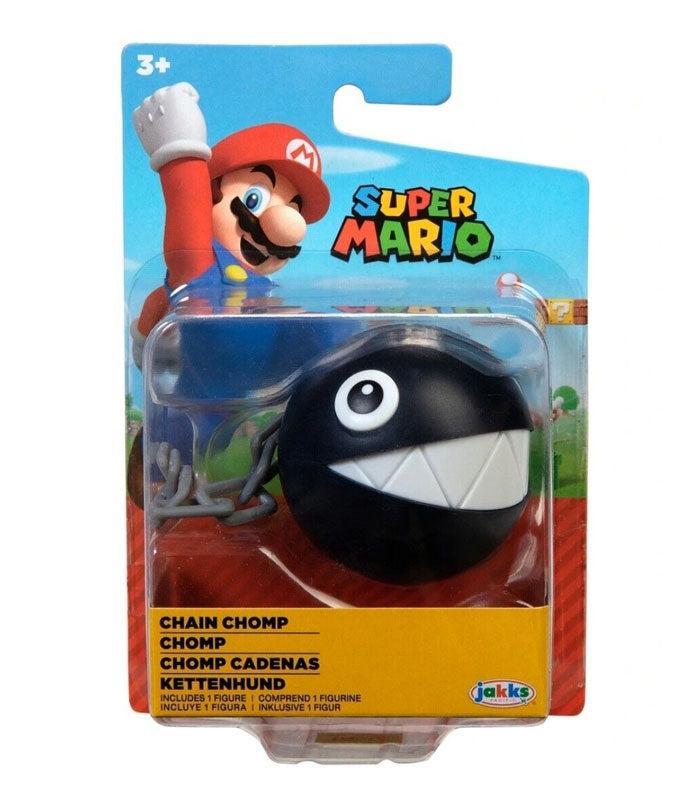 Super Mario Chain Chomp 2.5 Inch Figure in packaging, featuring iconic black spherical body and sharp white teeth, with Super Mario branding.