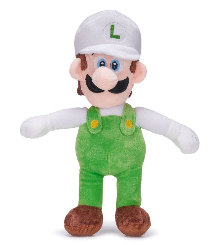 Super Mario Fire Luigi 14 inch plush toy with green outfit and hat.