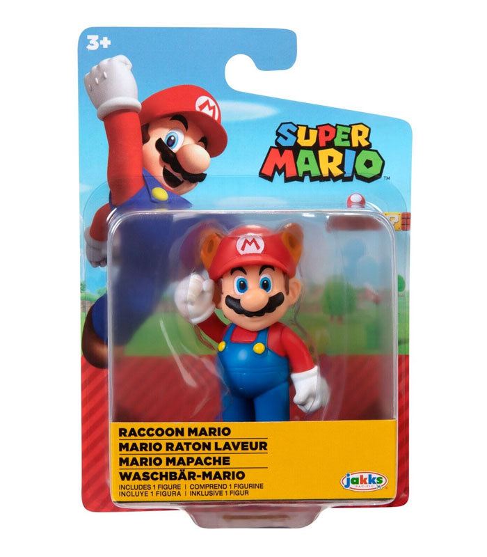Super Mario Raccoon Mario 2.5 inch figure in packaging with colorful design.