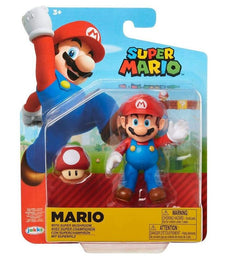 Super Mario 4 inch figure with Super Mushroom accessory in packaging.