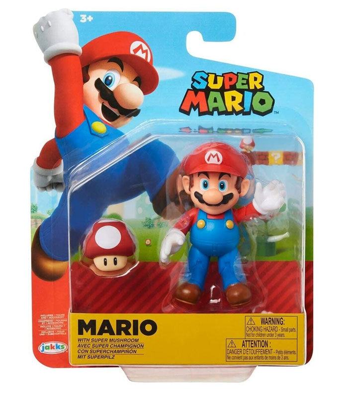 Super Mario 4 inch figure with Super Mushroom accessory in packaging.