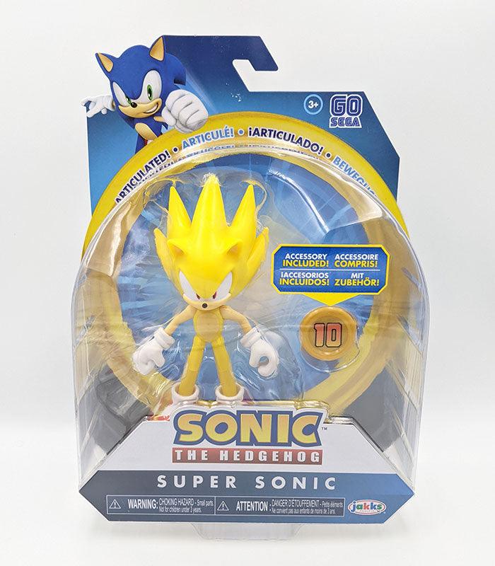 Super Sonic 4 Inch articulated action figure with gold coin accessory in packaging.
