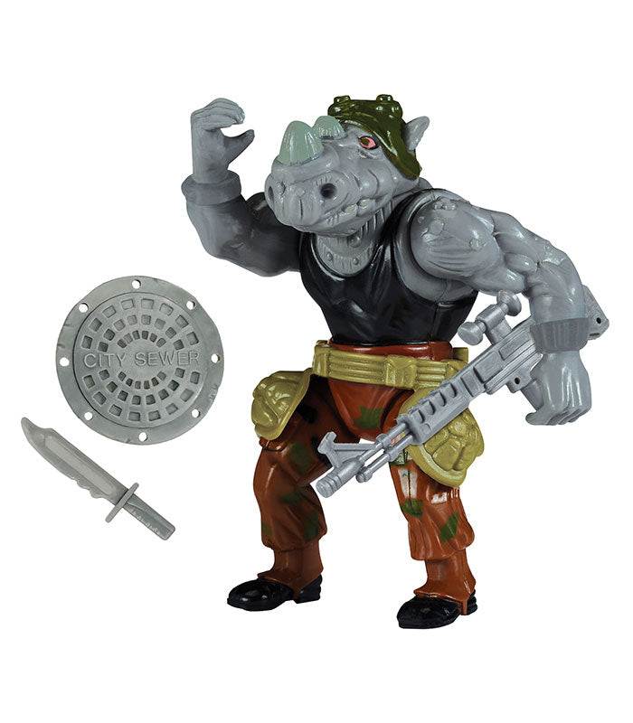 Teenage Mutant Ninja Turtles Classic Rocksteady action figure with accessories and multiple articulation points.