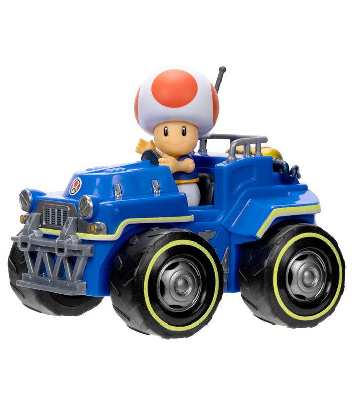 Toad figure in blue kart from Super Mario Bros movie set.