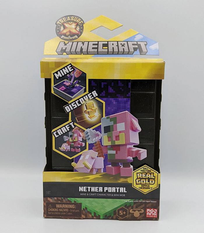 Treasure X Minecraft Nether Portal toy set packaging showcasing characters and features.