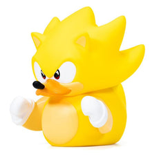 Hedgehog Super Sonic collectible duck in golden armor with white gloves and red shoes.