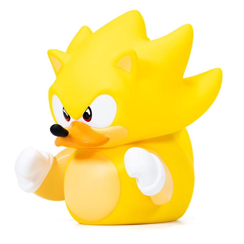 Hedgehog Super Sonic collectible duck in golden armor with white gloves and red shoes.