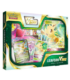 Pokemon TCG Leafeon VSTAR Special Collection box with cards and booster packs.