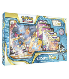 Pokemon TCG Lucario VSTAR Premium Collection with foil cards, oversized card, pin, coin, booster packs, and code card.