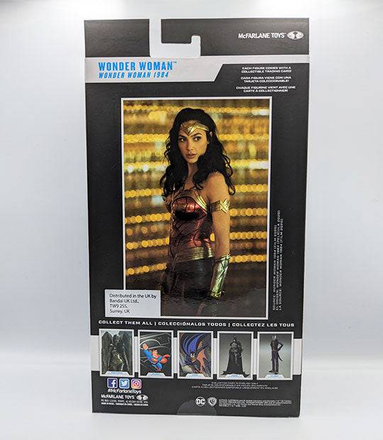 McFarlane Toys DC Multiverse Wonder Woman action figure in collector’s window box, featuring accessories and art card.
