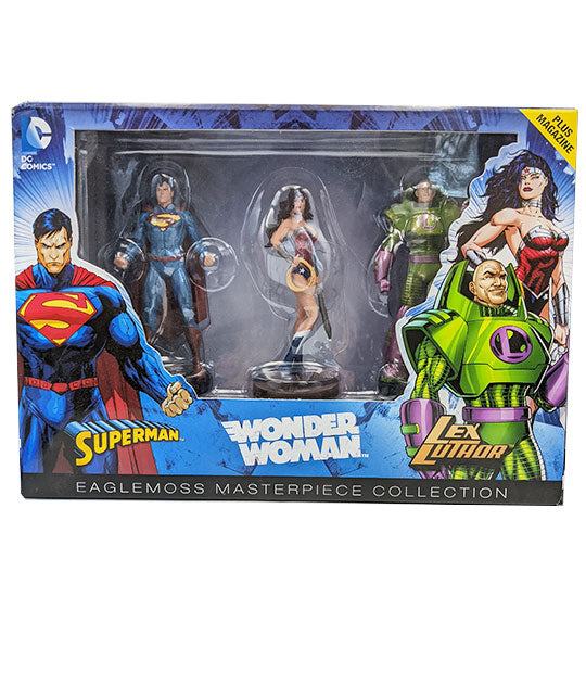 Wonder Woman Eaglemoss Masterpiece Collection with Superman, Wonder Woman, Lex Luther figures in display box.