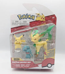 Pokemon Battle Figures set featuring Pikachu, Wynaut, and Leafeon in packaging.