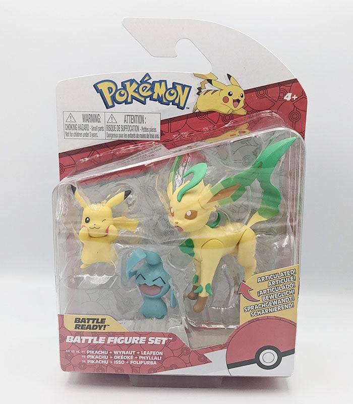 Pokemon Battle Figures set featuring Pikachu, Wynaut, and Leafeon in packaging.