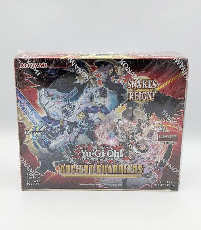 Yu-Gi-Oh! Ancient Guardians Booster Box with 24 packs featuring powerful trading cards.