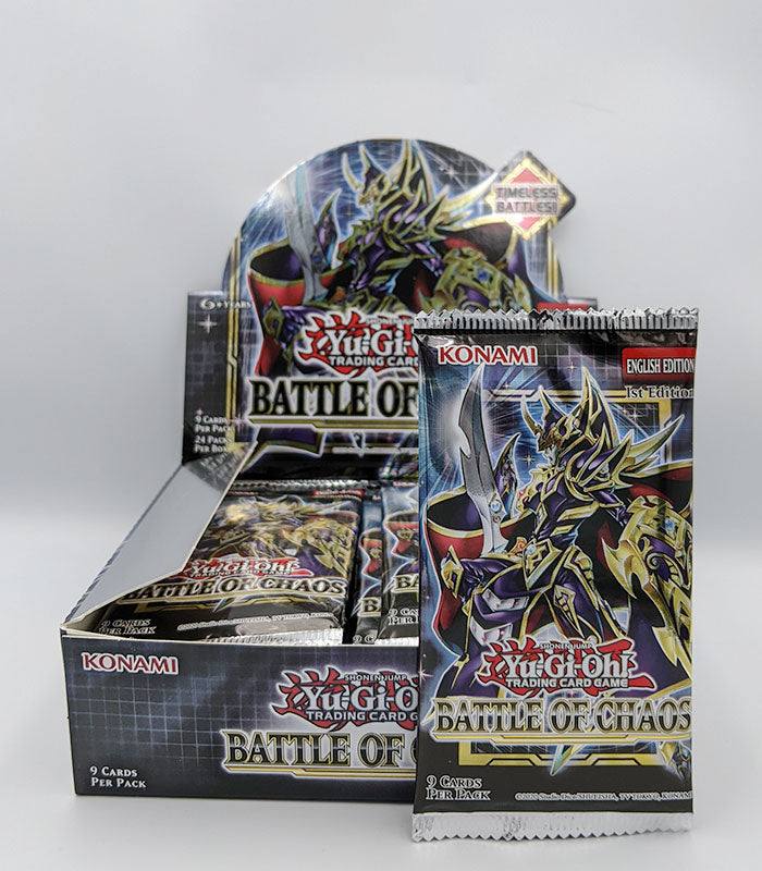 Yu-Gi-Oh! Battle Of Chaos Booster Pack with trading cards display.