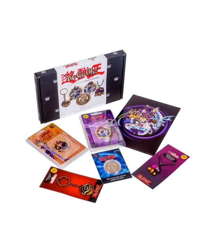 Yu-Gi-Oh! Limited Edition Collectors Box with keyring, pin badges, flip coin, necklace, and exclusive art print.