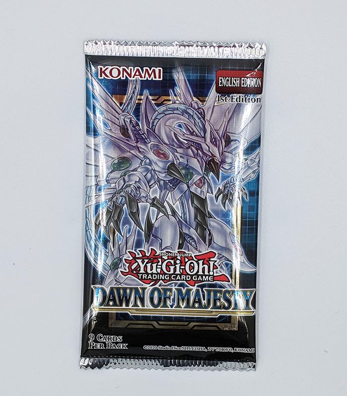 Yu-Gi-Oh! Dawn Of Majesty Booster Pack with trading card artwork on packaging.