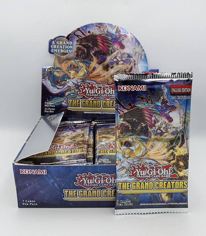 Yu-Gi-Oh! The Grand Creators Booster Pack with box display and individual pack.