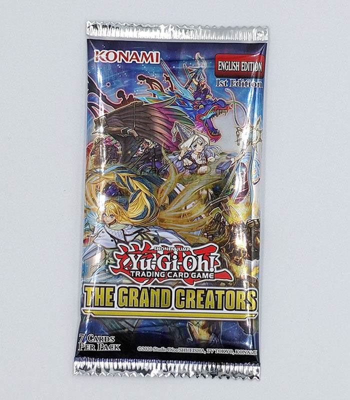 Yu-Gi-Oh! The Grand Creators Booster Pack, 1st Edition, sealed packaging.