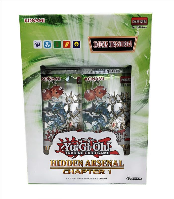 Yu-Gi-Oh! Hidden Arsenal Chapter 1 trading card game pack with two card packs and collectible dice.