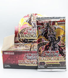 Yu-Gi-Oh! Blazing Vortex booster pack display box with individual pack showing card artwork.