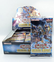 Yu-Gi-Oh! Genesis Impact booster packs, featuring collectible trading cards in display box.