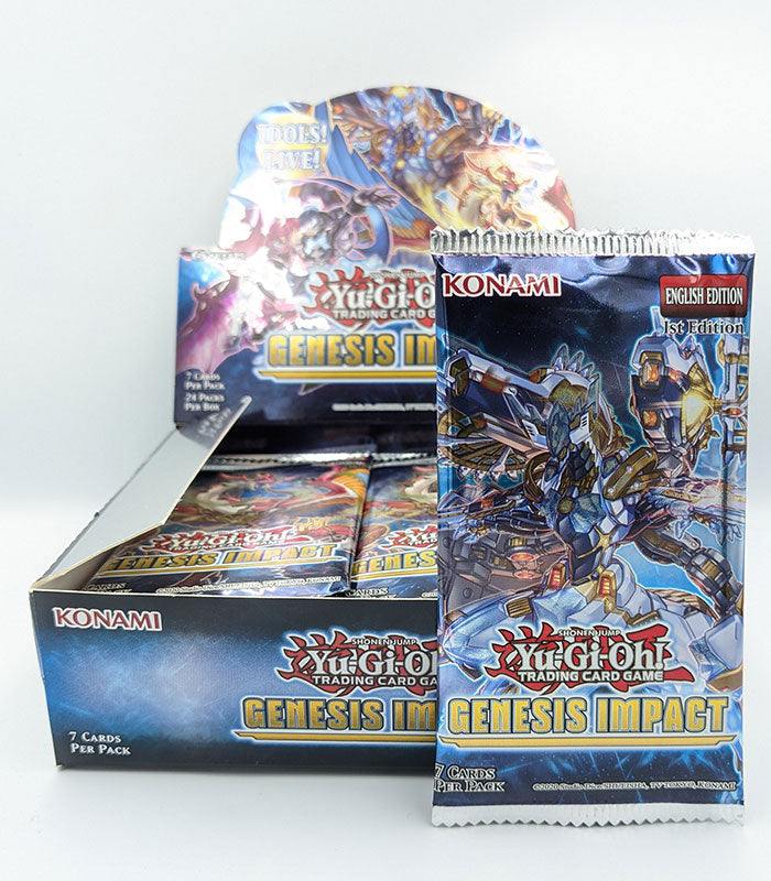 Yu-Gi-Oh! Genesis Impact booster packs, featuring collectible trading cards in display box.